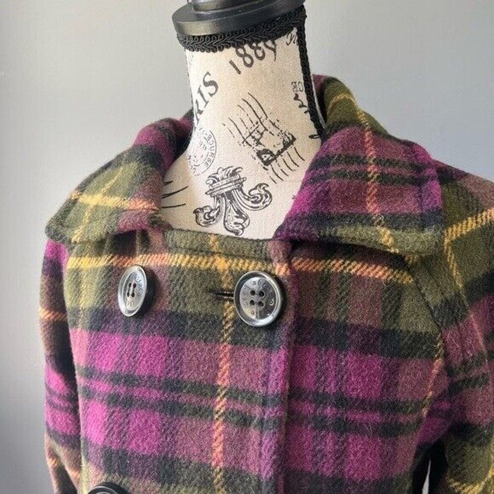 Y2K Aeropostale Wool blend lined plaid double breasted pea coat with pockets - Picture 4 of 12